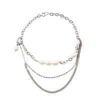 Fashion Multi Layer Necklace, Brass, with Freshwater Pearl, platinum plated, Twisted Piece Chain & multilayer & oval chain & for woman Approx 20 Inch 
