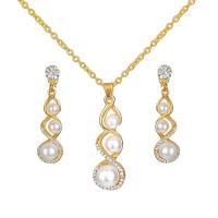 Rhinestone Zinc Alloy Jewelry Set, earring & necklace, with Plastic Pearl, 2 pieces & with rhinestone, gold, 470mm 