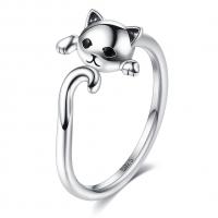 Sterling Silver Finger Ring, 925 Sterling Silver, Cat, platinum plated, Adjustable & fashion jewelry & for woman 