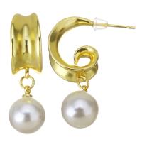 Brass Drop Earring, with Plastic Pearl, stainless steel post pin, gold color plated, 32mm 