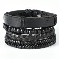 PU Leather Bracelet, with Waxed Cotton Cord & Wood & Zinc Alloy & for man & multi-strand cm 