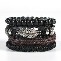 PU Leather Bracelet, with Waxed Cotton Cord & Wood & Zinc Alloy & for man & multi-strand cm 