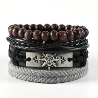 PU Leather Bracelet, with Waxed Cotton Cord & Wood & Zinc Alloy, for man & multi-strand cm 