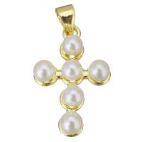 Brass Jewelry Pendants, with Plastic Pearl, Cross, gold color plated 