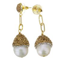Rhinestone Brass Drop Earring, with pearl & Rhinestone Clay Pave, gold color plated, for woman, 57mm 