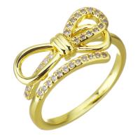 Cubic Zirconia Micro Pave Brass Finger Ring, Bowknot, gold color plated, micro pave cubic zirconia, 9mm, US Ring 