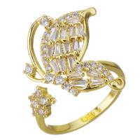 Цирконий Micro Pave Латунь палец кольцо, бабочка, плакирован золотом, инкрустированное микро кубического циркония, 18mm, размер:6, продается PC