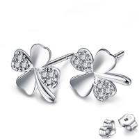 Rhinestone Stud Earring, Cupronickel, Four Leaf Clover, platinum color plated, for woman & with rhinestone, 9mm 