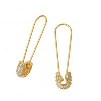 Cubic Zirconia Micro Pave Brass Earring, Safety Pin, gold color plated, micro pave cubic zirconia 