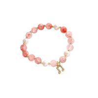 Quartz Bracelets, pearl, with Rose Quartz, real gold plated, micro pave cubic zirconia, pink, 9mm 