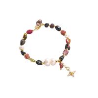 Gemstone Chip Bracelets, pearl, with Natural Gravel, real gold plated, micro pave cubic zirconia 31mm cm 