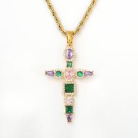 Cubic Zircon Micro Pave Brass Necklace, Cross, gold color plated, micro pave cubic zirconia & for woman Approx 23.62 Inch 