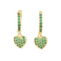 Cubic Zirconia Micro Pave Brass Earring, Heart, gold color plated, micro pave cubic zirconia & for woman, green 