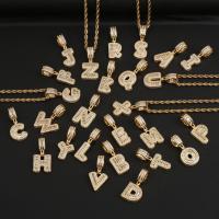 Brass Sweater Chain Necklace, Alphabet Letter, gold color plated & micro pave cubic zirconia & for woman Approx 24 Inch 