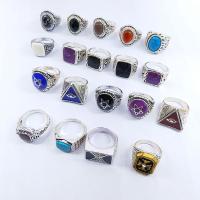 Gemstone Brass Finger Ring, Zinc Alloy, with Natural Stone, enamel, multi-colored - 