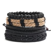PU Leather Cord Bracelets, with Wax Cord, 4 pieces & Adjustable & fashion jewelry & handmade & Unisex, black, 17-18cmuff0c6cm 