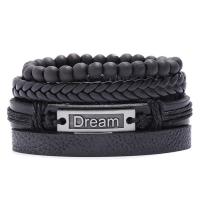 PU Leather Cord Bracelets, Zinc Alloy, with Linen & PU Leather, 4 pieces & Adjustable & fashion jewelry & Unisex, black, 17-18cmuff0c6cm 