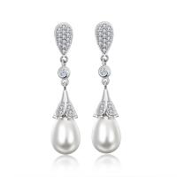 Cupronickel Drop Earring, with Plastic Pearl, platinum color plated, for woman & with cubic zirconia 