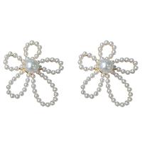 Plastic Pearl Zinc Alloy Earring, with Plastic Pearl, Flower, gold color plated & for woman & hollow 