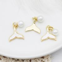 Brass Jewelry Pendants, with White Shell & Plastic Pearl, Mermaid tail, 18K gold plated 