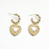 Boucle d'oreille en alliage de zinc en plastique perle, avec perle de plastique, coeur, bijoux de mode & pour femme, Or Vendu par paire