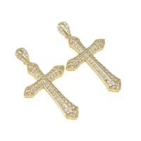 Colgantes de latón de imitación de diamante, metal, Cruces, chapado en color dorado, micro arcilla de zirconia cúbica, dorado, 40x25x4mm, Vendido por UD