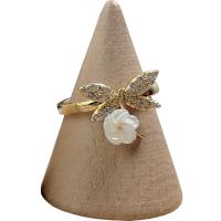 Brass Open Finger Ring, with White Shell, Flower, 18K gold plated, Adjustable & micro pave cubic zirconia & for woman 