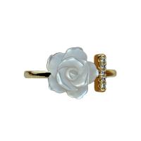 Brass Cuff Finger Ring, with White Shell, Flower, 18K gold plated, Adjustable & micro pave cubic zirconia & for woman 
