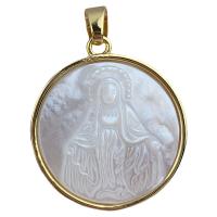 Brass Jewelry Pendants, with White Shell, Flat Round, 18K gold plated 21.6mm 