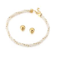 Titanium Steel Jewelry Set, Stud Earring & necklace, with Freshwater Pearl, gold color plated, for woman, white, 18mm Approx 18.11 Inch 