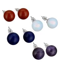 Brass Stud Earring, with rubber earnut & Gemstone, Round, silver color plated 