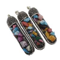 Ice Quartz Agate Pendants, Brass, with Natural Gravel & Ice Quartz Agate, with rhinestone, mixed colors 