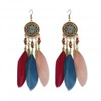 Fashion Feather Earring , Zinc Alloy, with Seedbead & Feather & Wood, gold color plated, dyed & folk style & for woman 