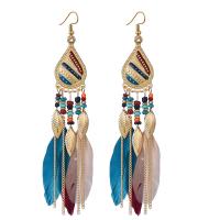 Fashion Feather Earring , Zinc Alloy, with Seedbead & Feather, gold color plated, dyed & folk style & for woman 