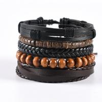 PU Leather Bracelet, with Wood, 5 pieces & Adjustable & for man, mixed colors Approx 17-18 cm 