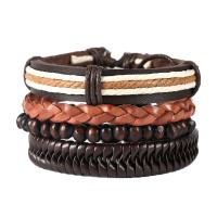 PU Leather Bracelet, with Wax Cord & Wood, 4 pieces & Adjustable & for man, mixed colors Approx 17-18 cm 