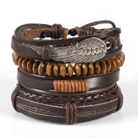PU Leather Bracelet, with Wax Cord & Wood & Zinc Alloy, 4 pieces & Adjustable & for man, brown Approx 17-18 cm 