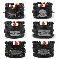 PU Leather Bracelet, with Wax Cord & Wood & Zinc Alloy, 4 pieces & Adjustable & for man, black Approx 17-18 cm 