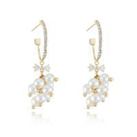 Freshwater Pearl Brass Earring, with pearl, plated, for woman & with cubic zirconia, golden 