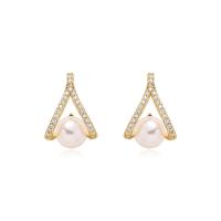 Freshwater Pearl Brass Earring, with pearl, micro pave cubic zirconia & for woman, golden 