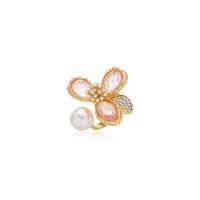 Zinc Alloy Cuff Finger Ring, with pearl, micro pave cubic zirconia & for woman & with rhinestone, pink, 17mm 