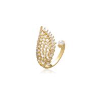 Brass Cuff Finger Ring, with pearl, for woman & with cubic zirconia, golden, 17mm 