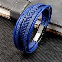 PU Leather Cord Bracelets, Stainless Steel, with PU Leather, fashion jewelry & Unisex, blue, 215mm 