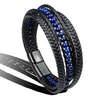 PU Leather Cord Bracelets, Stainless Steel, with Lapis Lazuli & PU Leather, fashion jewelry & Unisex, black, 215mm 