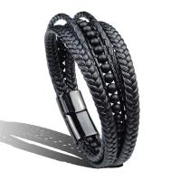 PU Leather Cord Bracelets, Stainless Steel, with PU Leather & Black Agate, fashion jewelry & Unisex, black, 215mm 
