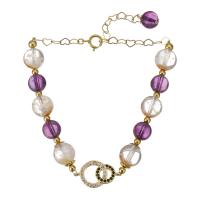 Bracelets quartz, améthyste, avec Doublé or & quartz fantôme, pour femme & avec strass, violet 8mm Environ 7.5 pouce, Vendu par PC