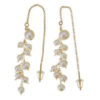 perle d'eau douce cultivée boucles d'oreilles chaîne, avec Doublé or, 14K rempli d’or, pour femme, blanc, 100mm,4mm, Vendu par paire