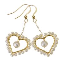 Freshwater Pearl Brass Earring, with Gold Filled, Heart, 14K gold-filled, for woman & hollow, white, 48mm 