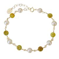 Cultured Freshwater Pearl Brass Bracelet, Jadeite, with Gold Filled & Freshwater Pearl, for woman, yellow, 6mm,5.5mm Approx 6 Inch 