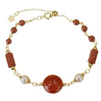 Fashion Cinnabar Bracelet, with Gold Filled, 14K gold-filled, for woman, reddish-brown  Approx 8 Inch 